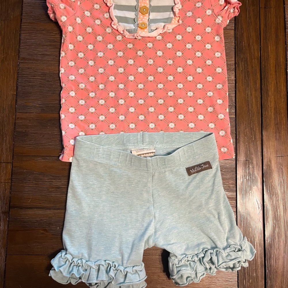 Matilda Jane Pink Floral Top and Blue Ruffle Shorts Set
